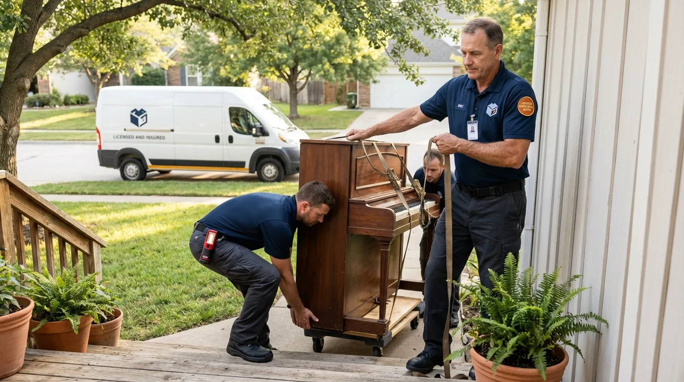 Licensed piano movers securing grand piano in Bellefontaine, OH