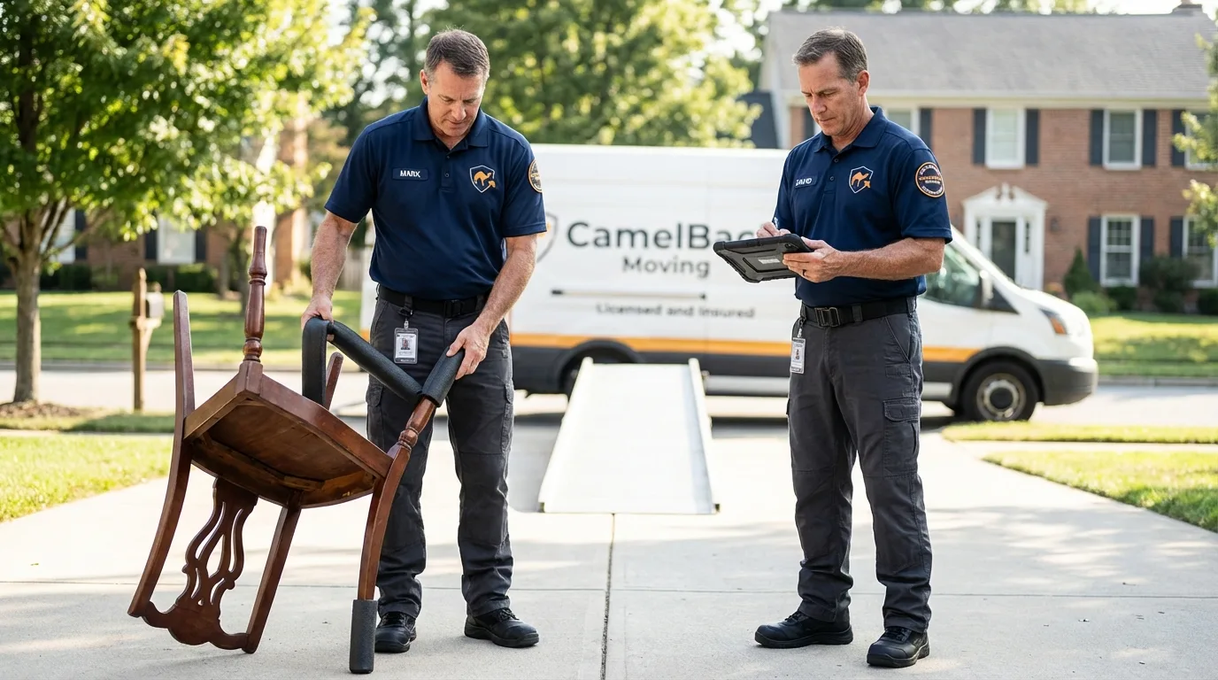 Movers inspecting furniture for damage prevention before loading in Bellefontaine, OH
