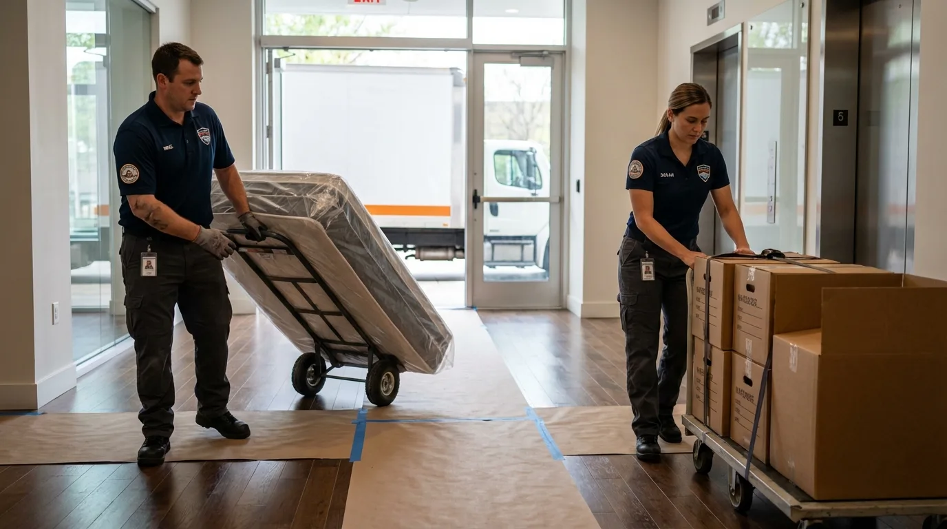 Professional apartment movers loading elevator in Bellefontaine, OH