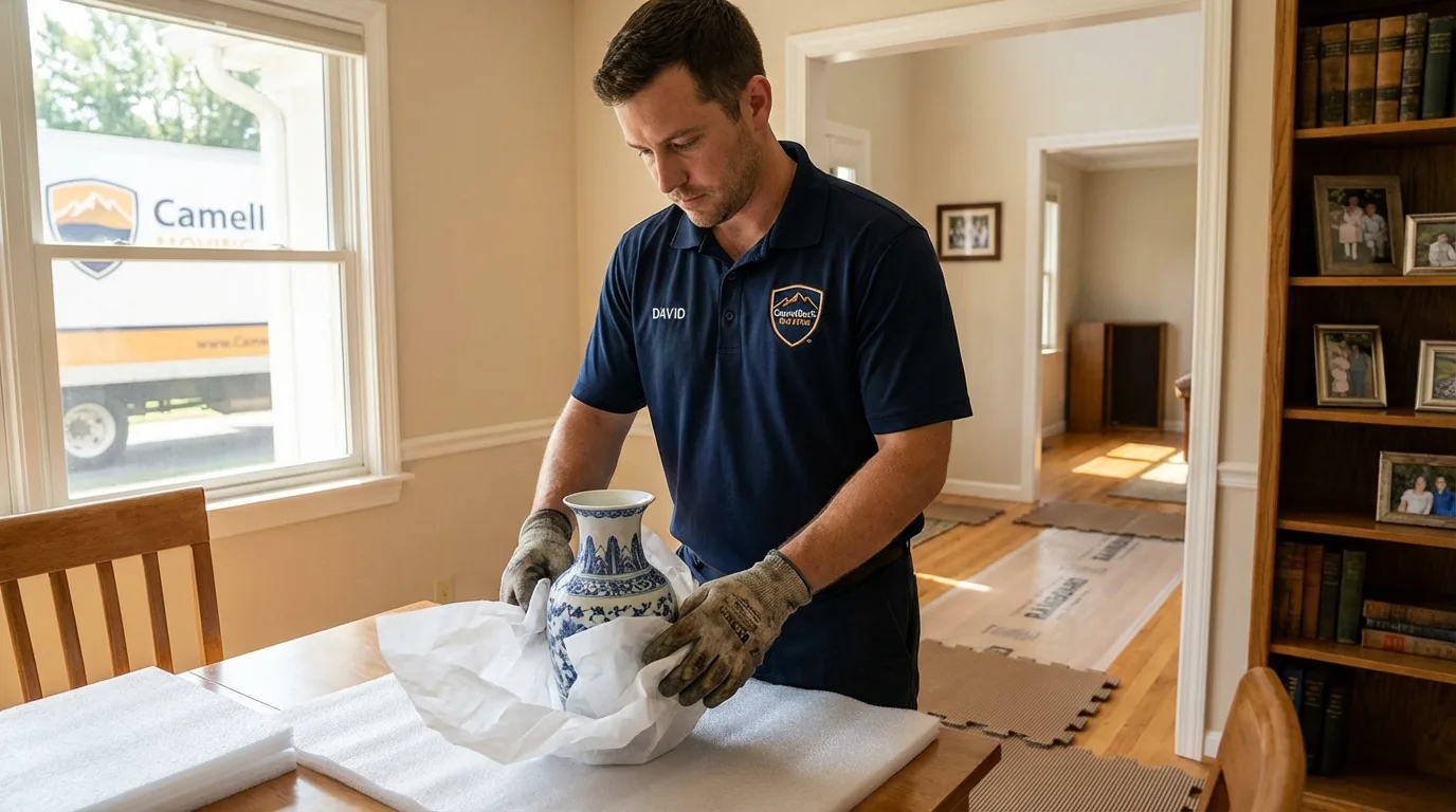 Professional crew carefully wrapping antique vase for senior downsizing move in Bellefontaine, OH